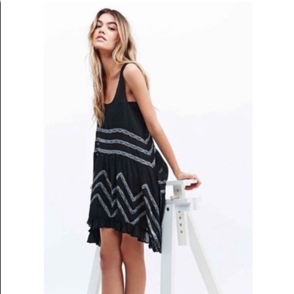 Free People Black & Gray Polka Dot & Lace Mini Swing Dress - Picture 6 of 14